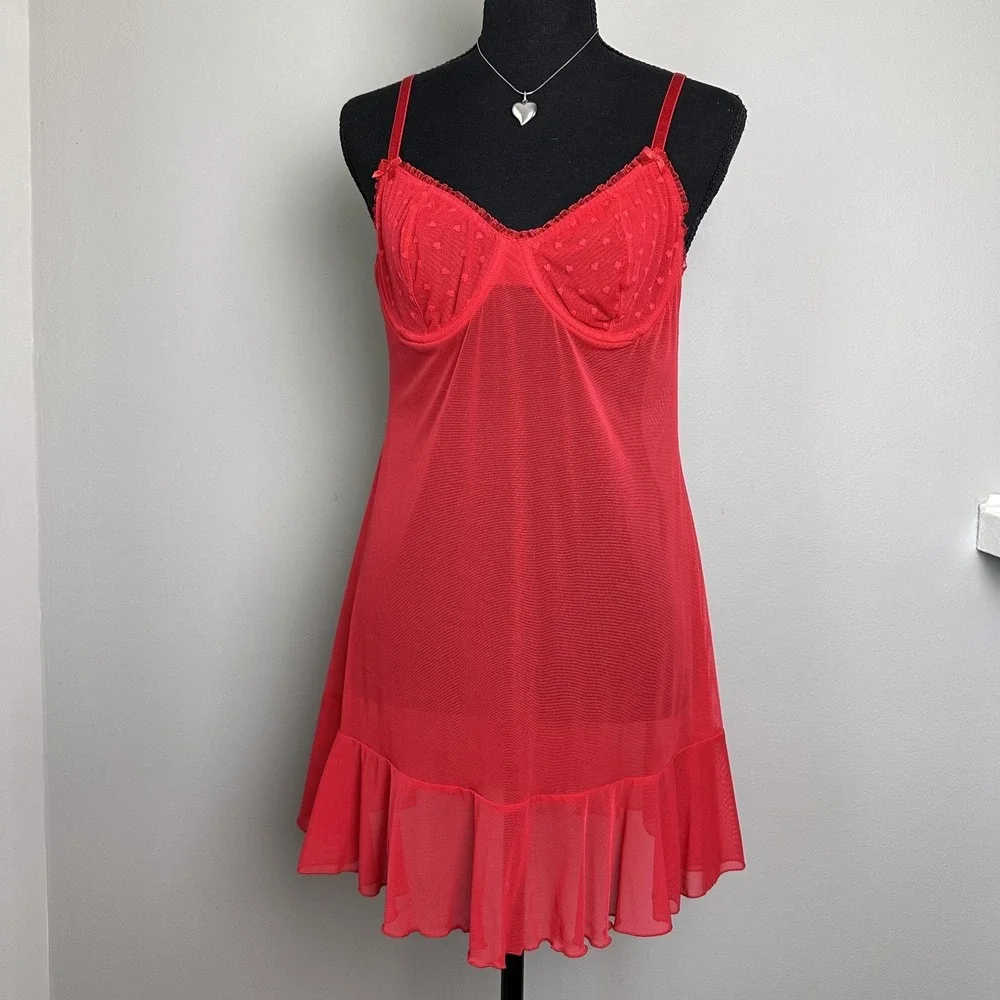 Sheer Babydoll Chemise‎ Womens Small Red Lingerie Slip Ruffle Mesh Underwire